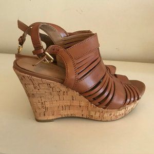 Franco Sarto brown leather open toe cork wedge